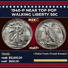 1940-p Walking Liberty Half Dollar Near Top Pop 50c ms67+ SEGS