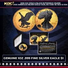 2025 24K Gold & Black Ruthenium Gilded 1oz American Silver Eagle Coin, BU Coin w/ Box & COA Other To