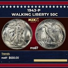 1943-p Walking Liberty Half Dollar 50c ms67 SEGS