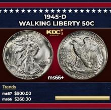 1945-d Walking Liberty Half Dollar 50c ms66+ SEGS