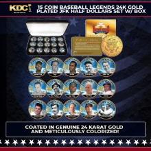 15 Coin Baseball Legends 24K Gold Plated JFK Half Dollars Set w/ Box Other Toy