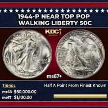 1944-p Walking Liberty Half Dollar Near Top Pop 50c ms67+ SEGS