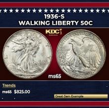 1936-s Walking Liberty Half Dollar 50c Grades ms65