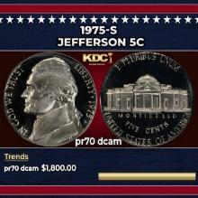 1975-s Proof Jefferson Nickel 5c pr70 dcam SEGS