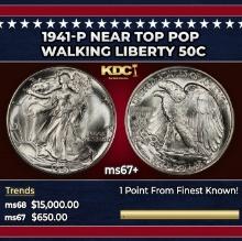1941-p Walking Liberty Half Dollar Near Top Pop 50c ms67+ SEGS