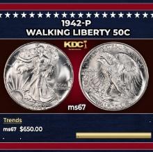 1942-p Walking Liberty Half Dollar 50c ms67 SEGS