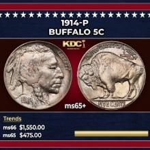 1914-p Buffalo Nickel 5c Grades ms65+