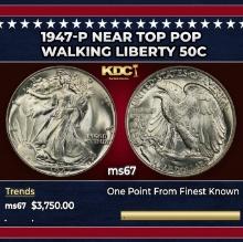 1947-p Walking Liberty Half Dollar Near Top Pop 50c ms67 SEGS