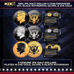 1964 JFK Half Dollar 3 Coin Enhanced Set, Black Ruthenium, Silver, & 24K Gold Other Toy