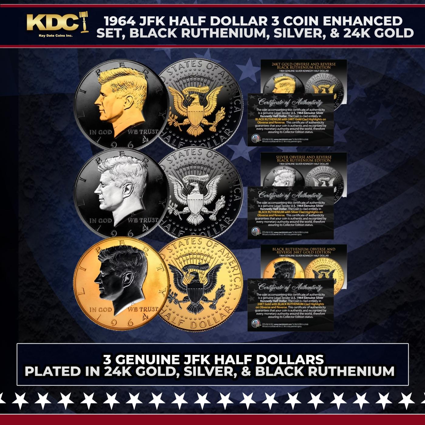 1964 JFK Half Dollar 3 Coin Enhanced Set, Black Ruthenium, Silver, & 24K Gold Other Toy
