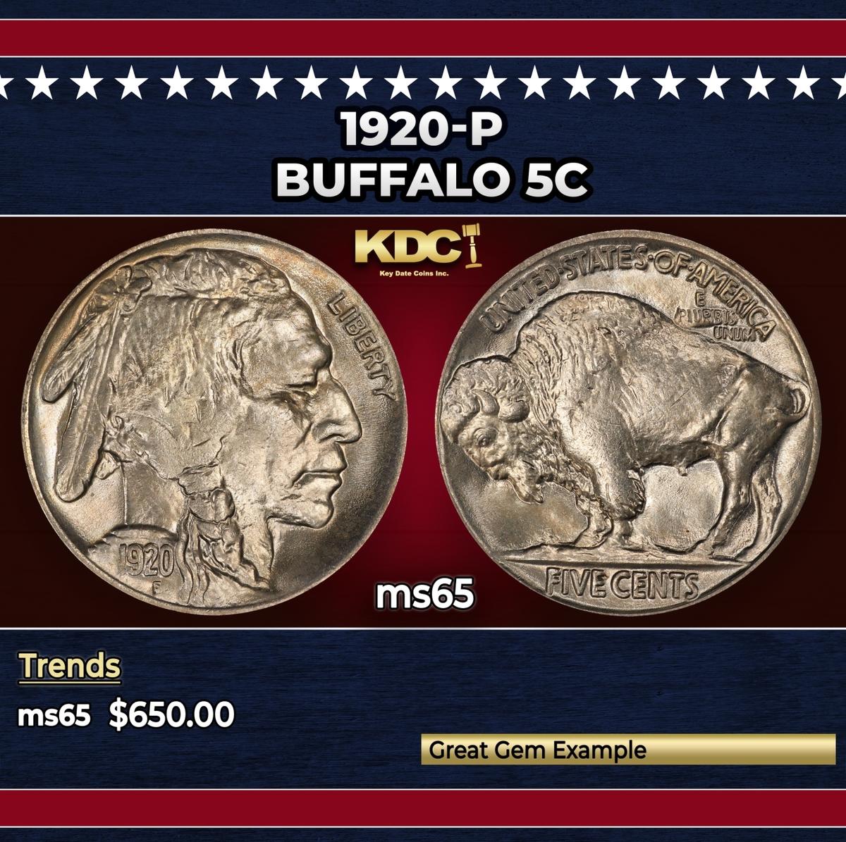 1920-p Buffalo Nickel 5c Grades ms65