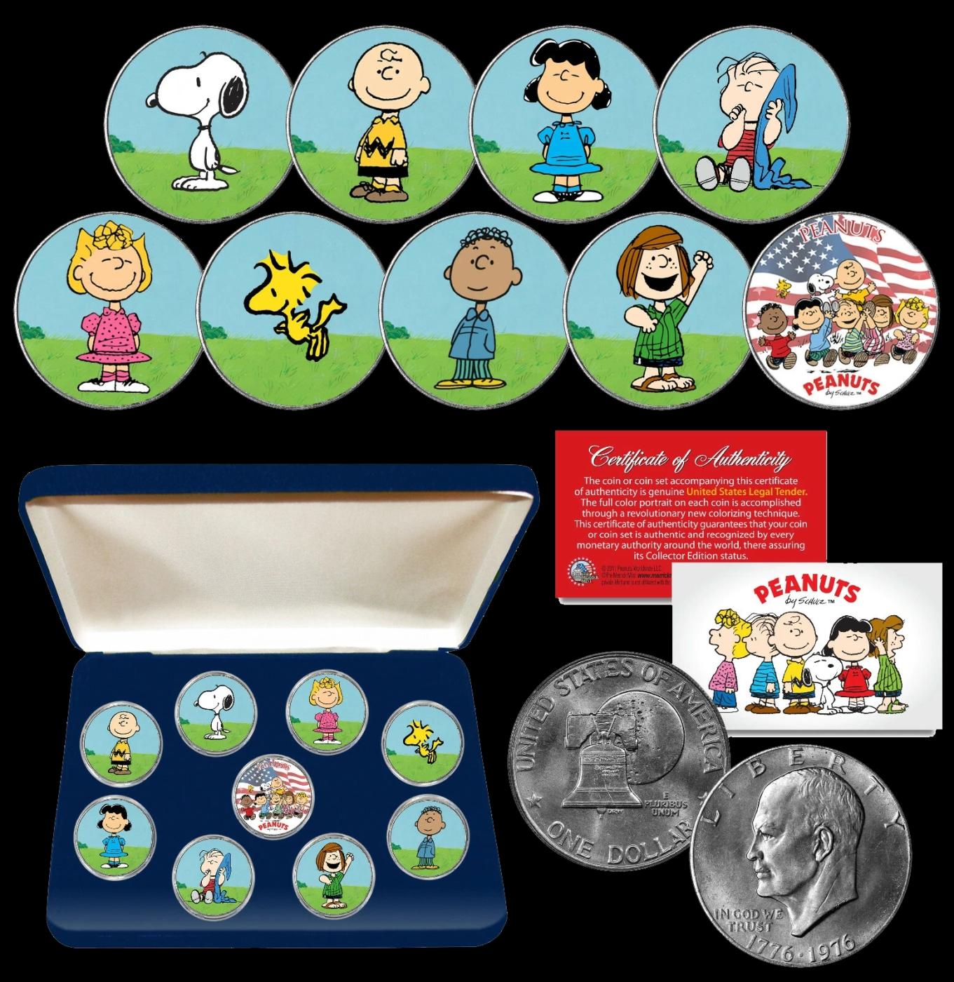 9 Coin Charlie Brown Peanuts Gang and Snoopy 1976 Eisenhower $1 Set w/ Display Box Other Toy