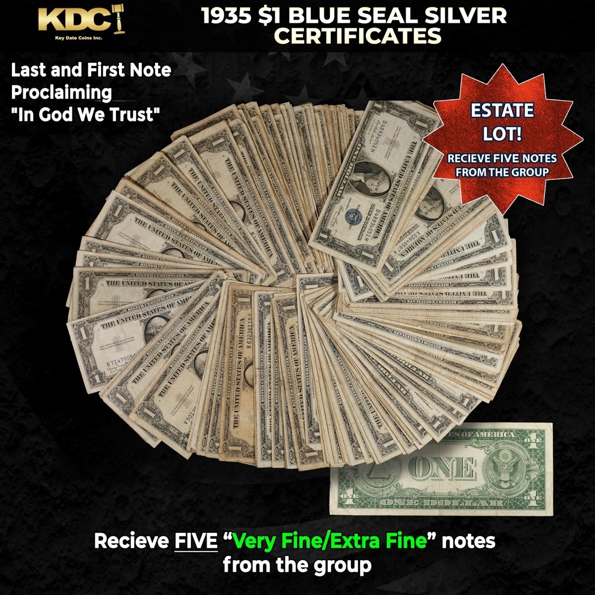 5x 1935 $1 Blue Seal Silver Certificates Grades VF/XF