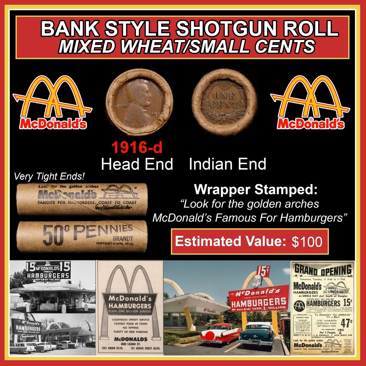 Lincoln Wheat Cent 1c Mixed Roll Orig Brandt McDonalds Wrapper, 1916-d end, Indian other end