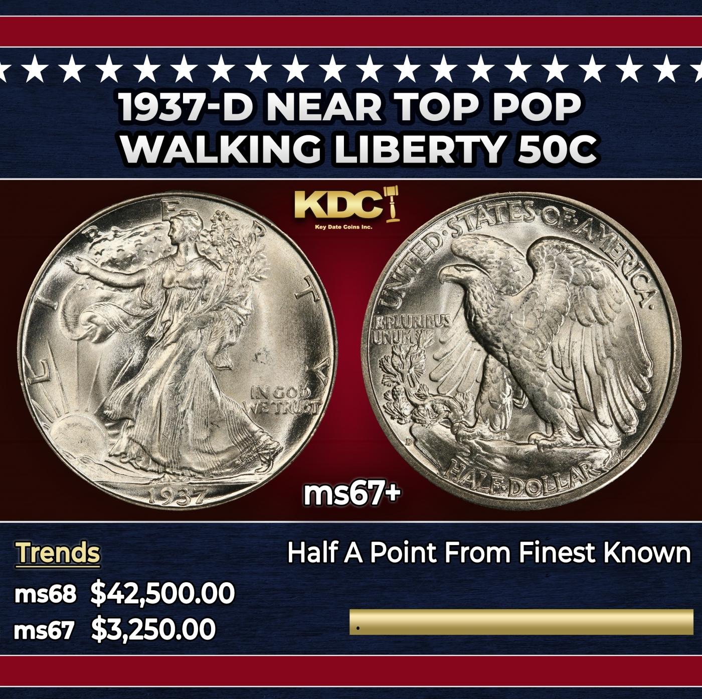 1937-d Walking Liberty Half Dollar Near Top Pop 50c ms67+ SEGS