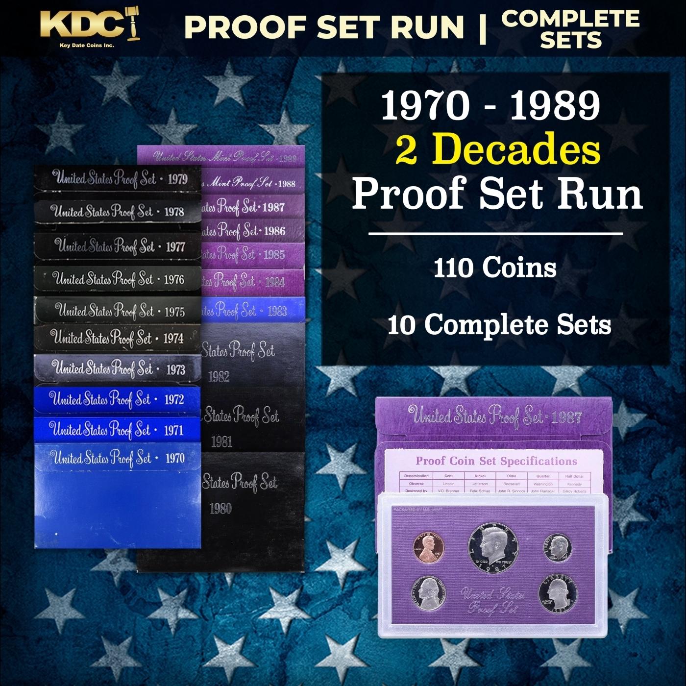 1970-1989 2 Decades Proof Set Run - 110 Coins, 10 Complete Sets