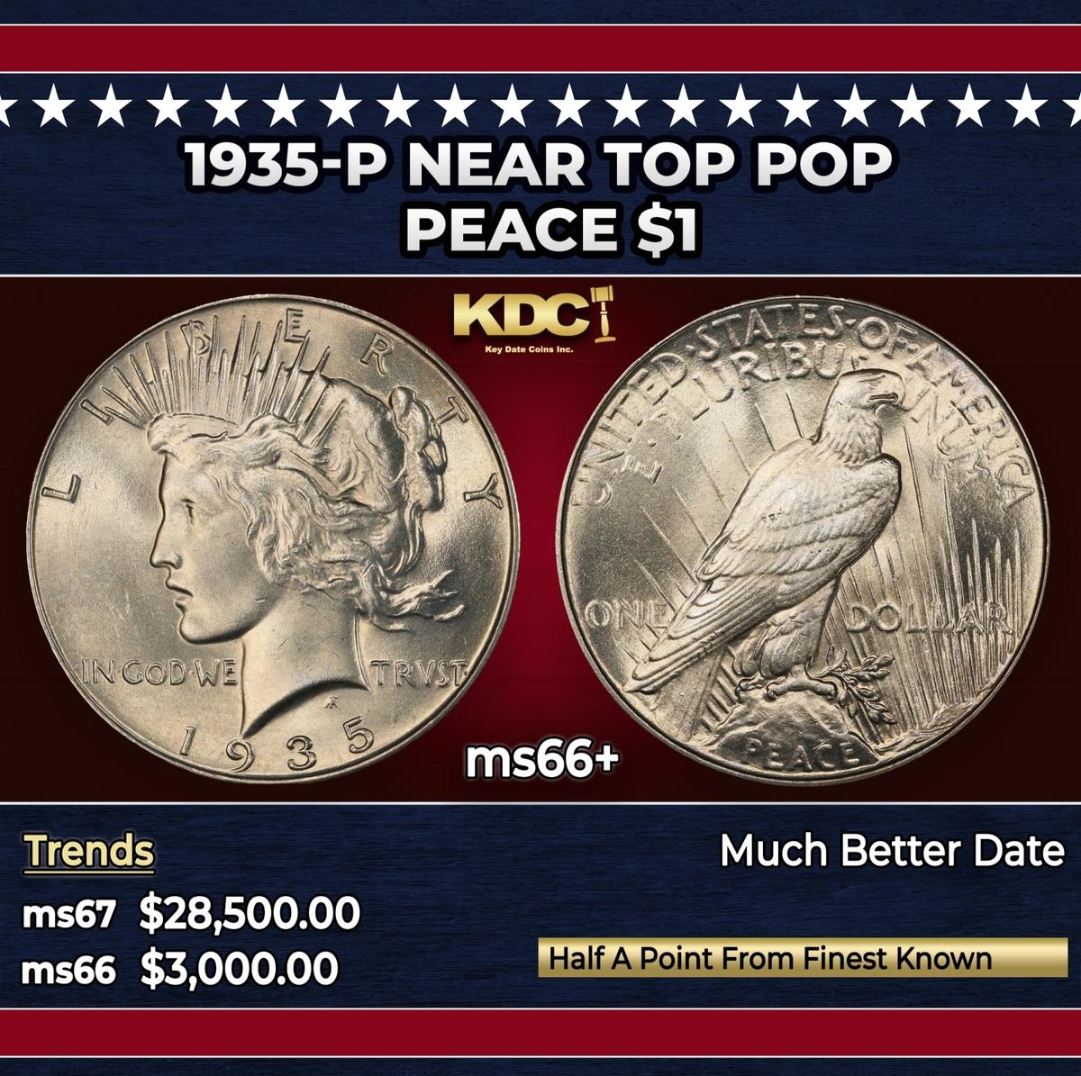1935-p Peace Dollar Near Top Pop $1 ms66+ SEGS