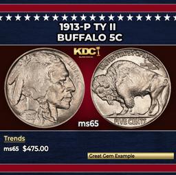 1913-p Ty II Buffalo Nickel 5c Grades ms65