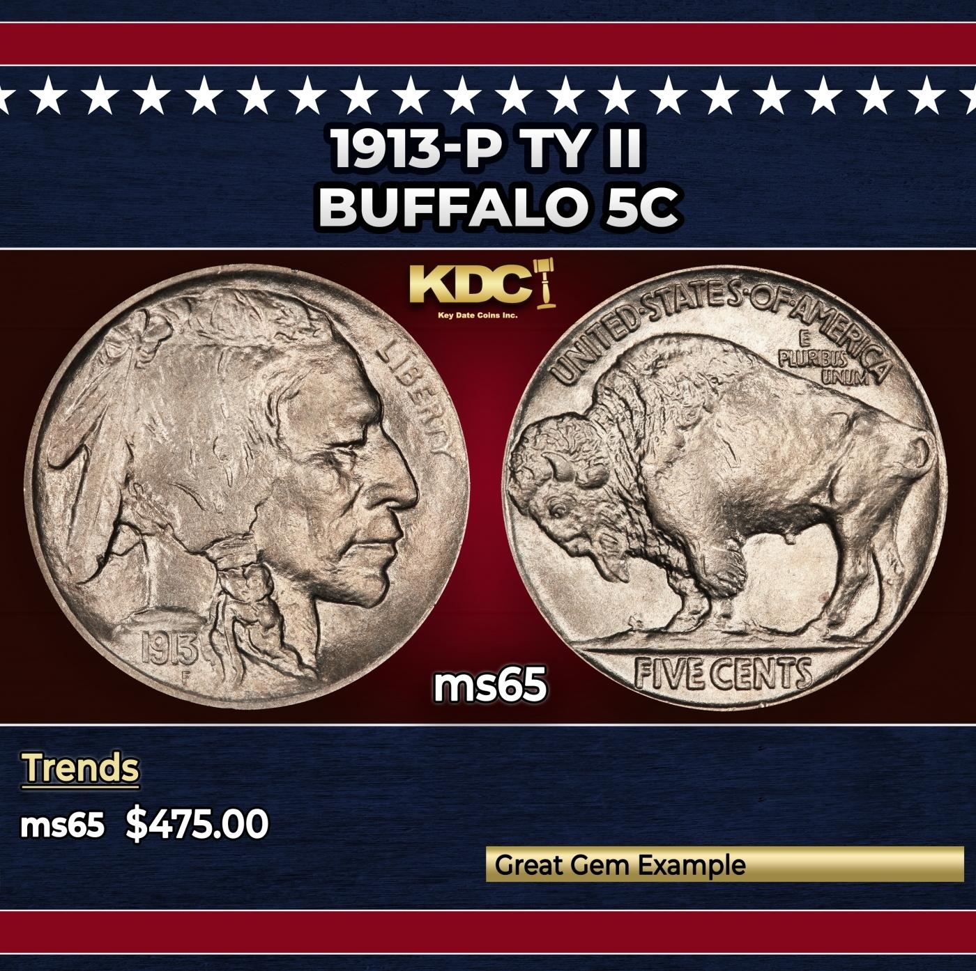 1913-p Ty II Buffalo Nickel 5c Grades ms65