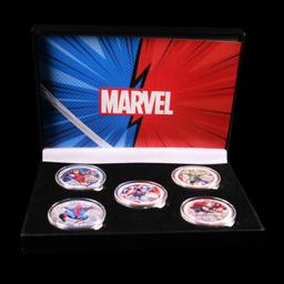 5 Coin Marvel Disney Avengers Silver Plated Round Collection Spider-Man, Hulk, Captain America, Thor