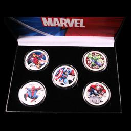 5 Coin Marvel Disney Avengers Silver Plated Round Collection Spider-Man, Hulk, Captain America, Thor