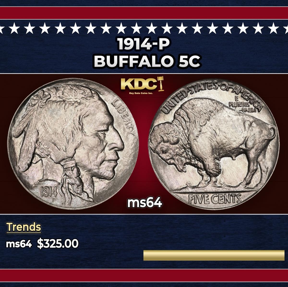 1914-p Buffalo Nickel 5c Grades ms64