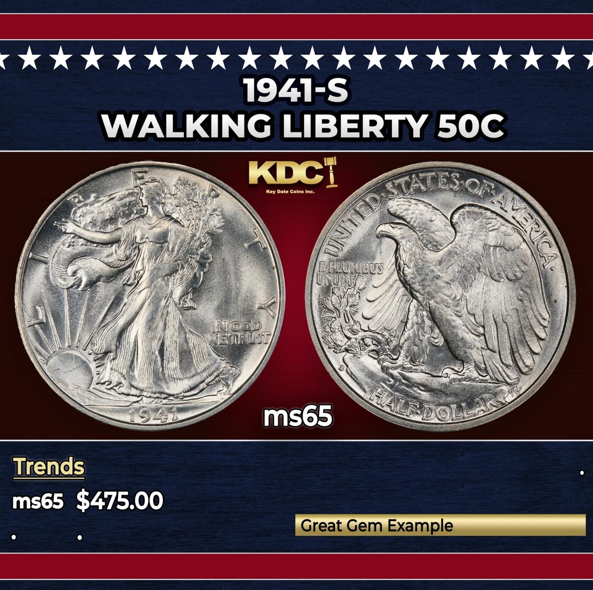 1941-s Walking Liberty Half Dollar 50c Grades ms65
