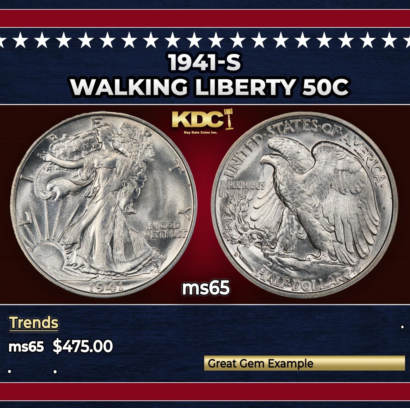 1941-s Walking Liberty Half Dollar 50c Grades ms65