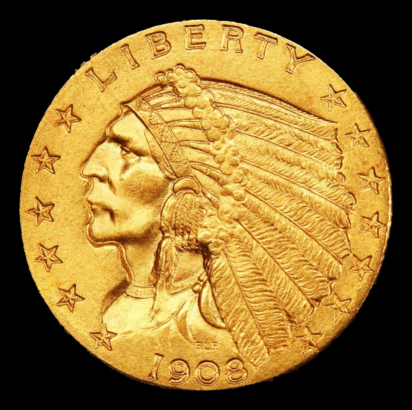 1908-p Gold Indian Quarter Eagle $2 1/2 ms64+ SEGS