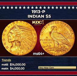 1913-p Gold Indian Half Eagle $5 ms64+ USCG