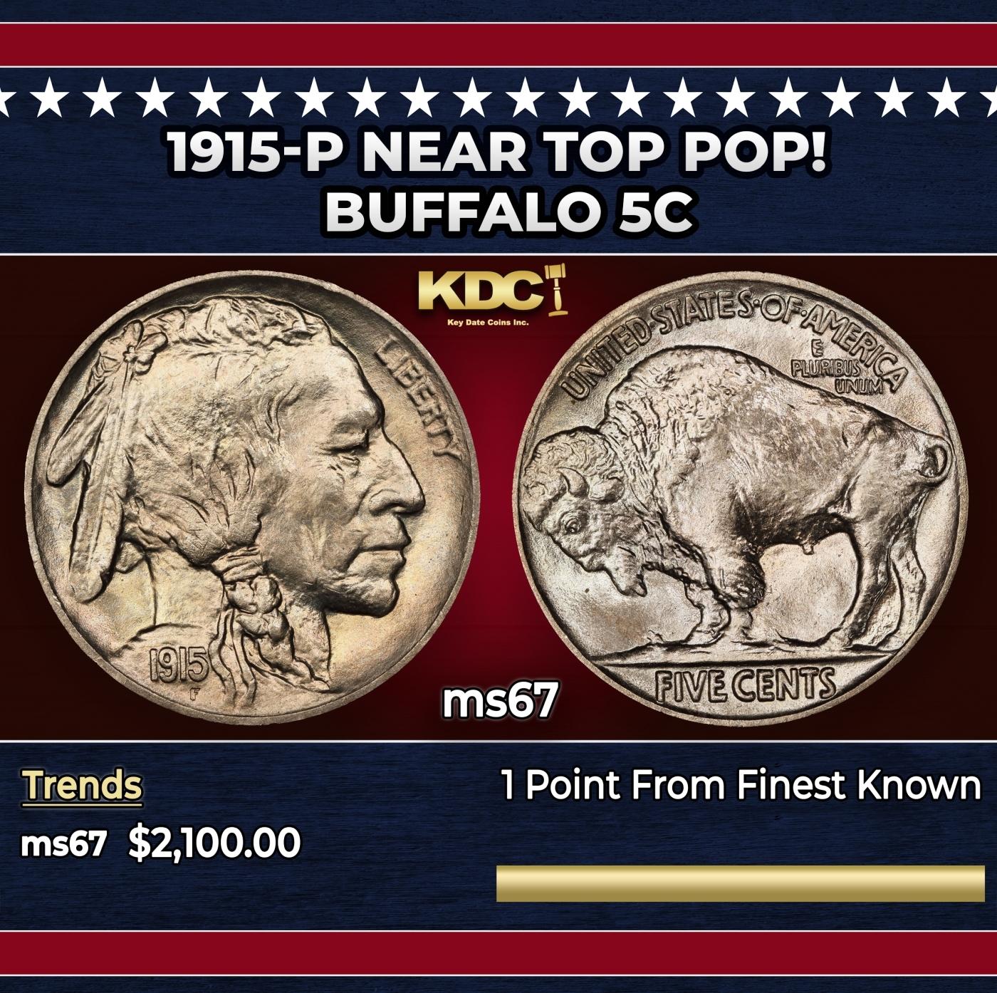 1915-p Buffalo Nickel Near Top Pop! 5c ms67 SEGS