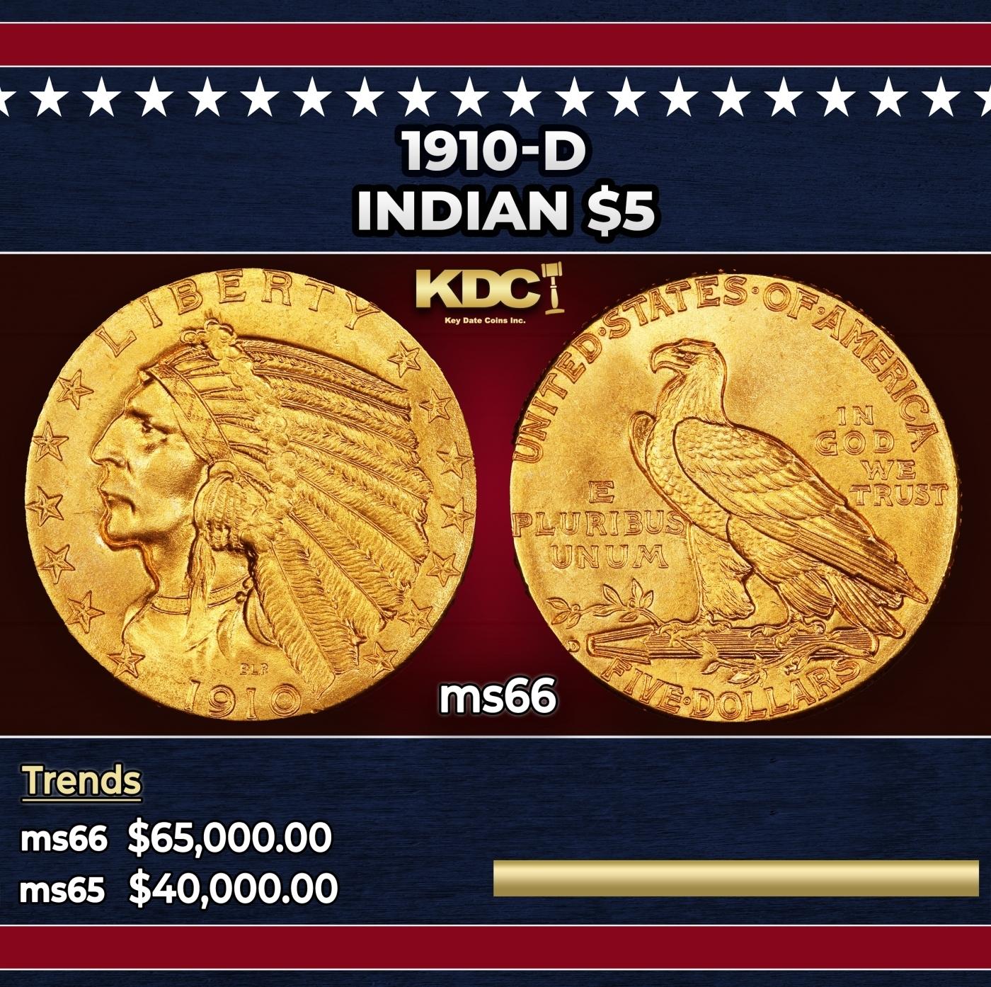 1910-d Gold Indian Half Eagle $5 ms66 USCG