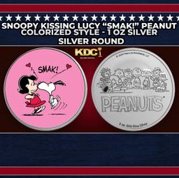 Snoopy Kissing Lucy "SMAK!" Peanuts Colorized Style - 1 oz Silver Round Round