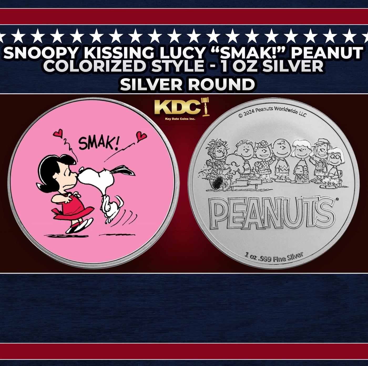 Snoopy Kissing Lucy "SMAK!" Peanuts Colorized Style - 1 oz Silver Round Round