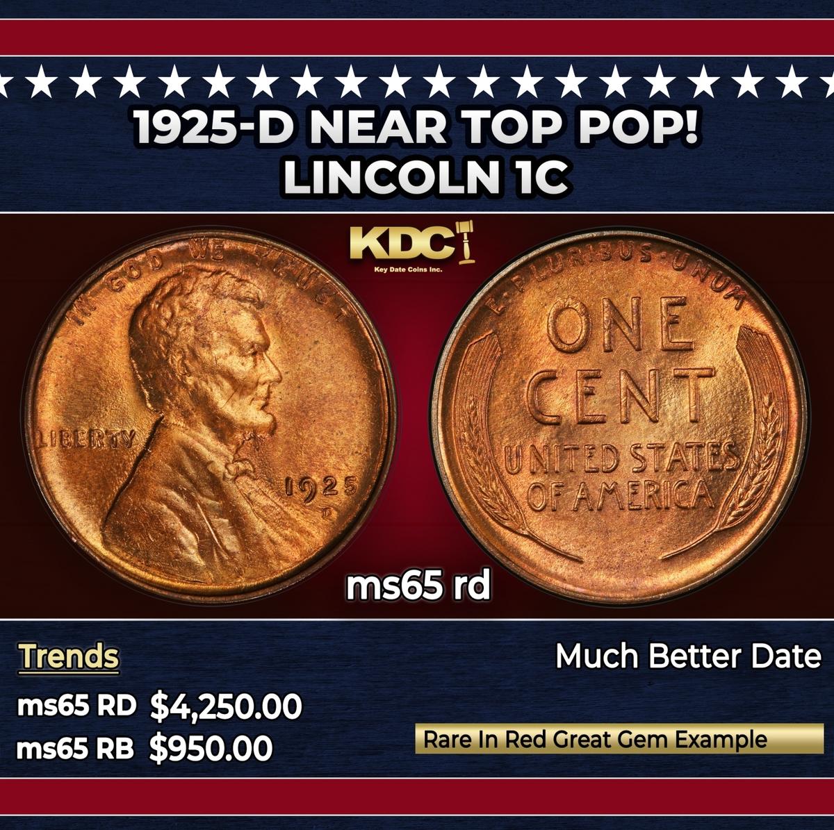 1925-d Lincoln Cent Near Top Pop! 1c ms65 rd SEGS