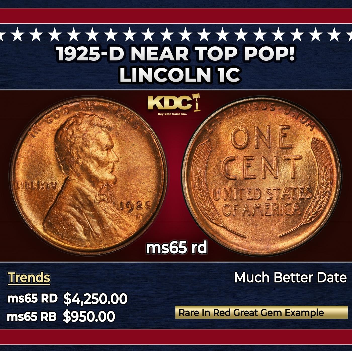 1925-d Lincoln Cent Near Top Pop! 1c ms65 rd SEGS