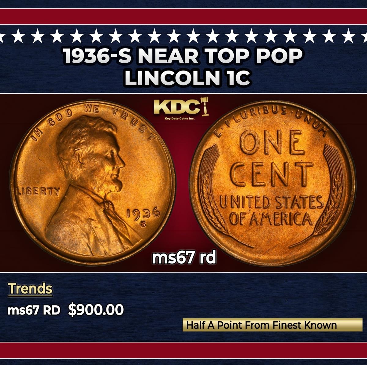 1936-s Lincoln Cent Near Top Pop 1c ms67 rd SEGS