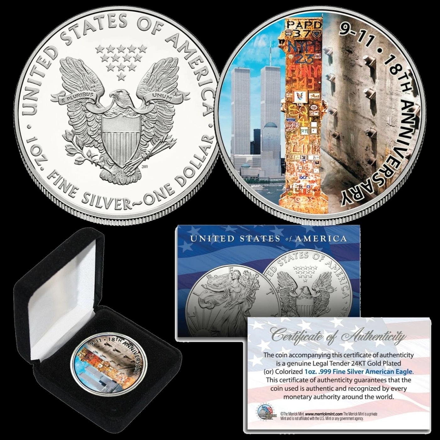 Colorized 9/11 WTC 18th Anniversary Commem 1oz Silver Eagle $1 Coin in Deluxe Box Other Toy