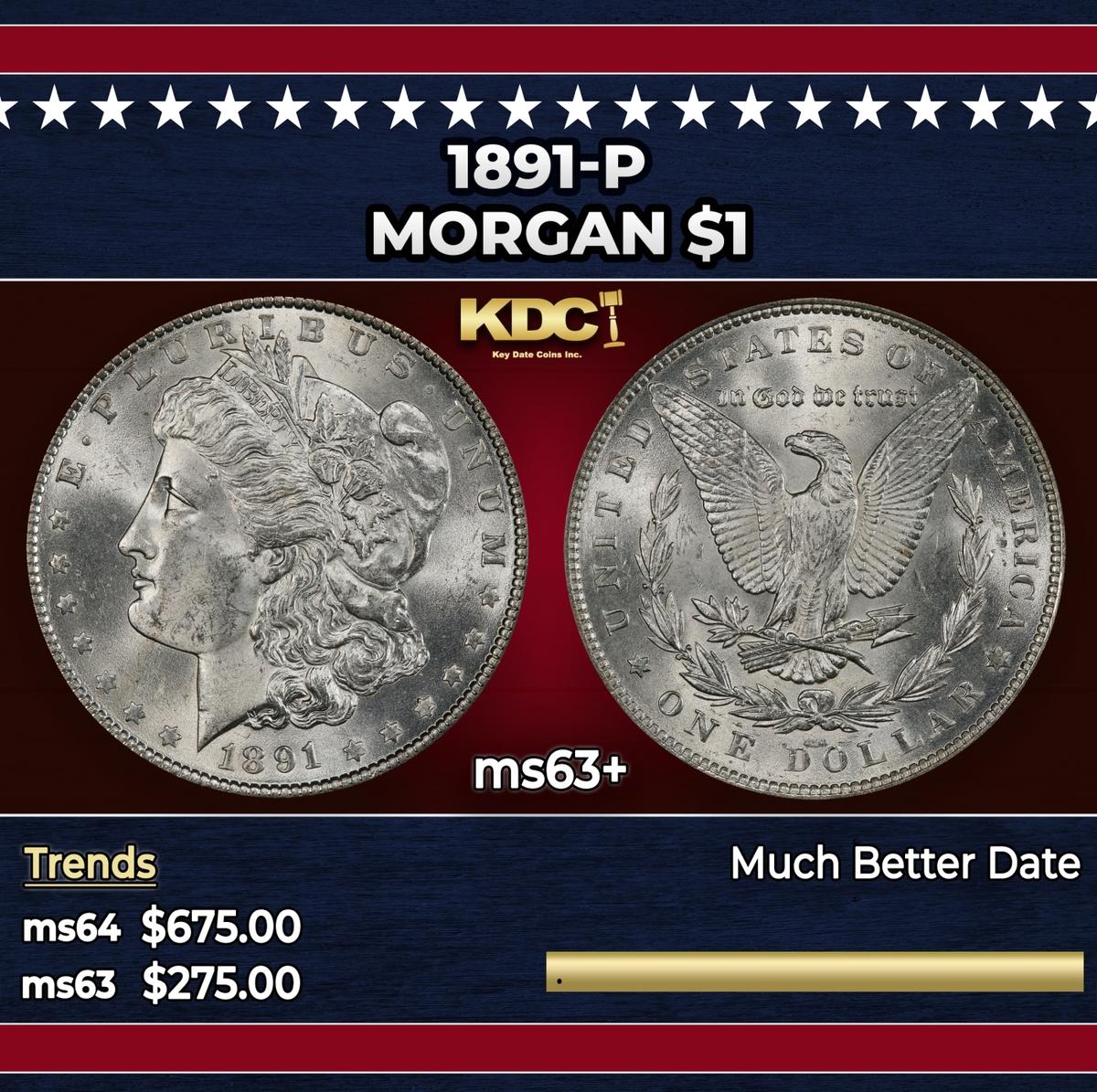 1891-p Morgan Dollar $1 Grades ms63+