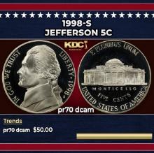 1998-s Proof Jefferson Nickel 5c pr70 dcam SEGS