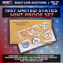 1957 United States Mint Silver Proof Set In Original Goventment Packaging, 5 Coins - Manilla Envelop
