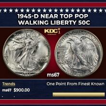 1945-d Walking Liberty Half Dollar Near Top Pop 50c ms67 SEGS