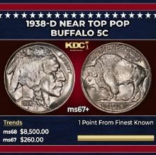 1938-d Buffalo Nickel Near Top Pop 5c ms67+ SEGS