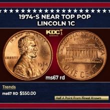 1974-s Lincoln Cent Near Top Pop 1c ms67 rd SEGS