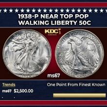 1938-p Walking Liberty Half Dollar Near Top Pop 50c ms67 SEGS