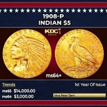 1908-p Gold Indian Half Eagle $5 ms64+ USCG