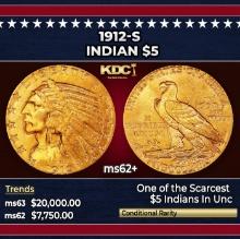 1912-s Gold Indian Half Eagle $5 ms62+ USCG