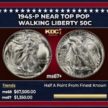 1945-p Walking Liberty Half Dollar Near Top Pop 50c ms67+ SEGS