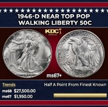 1946-d Walking Liberty Half Dollar Near Top Pop 50c ms67+ SEGS
