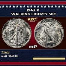 1943-p Walking Liberty Half Dollar 50c ms67 SEGS